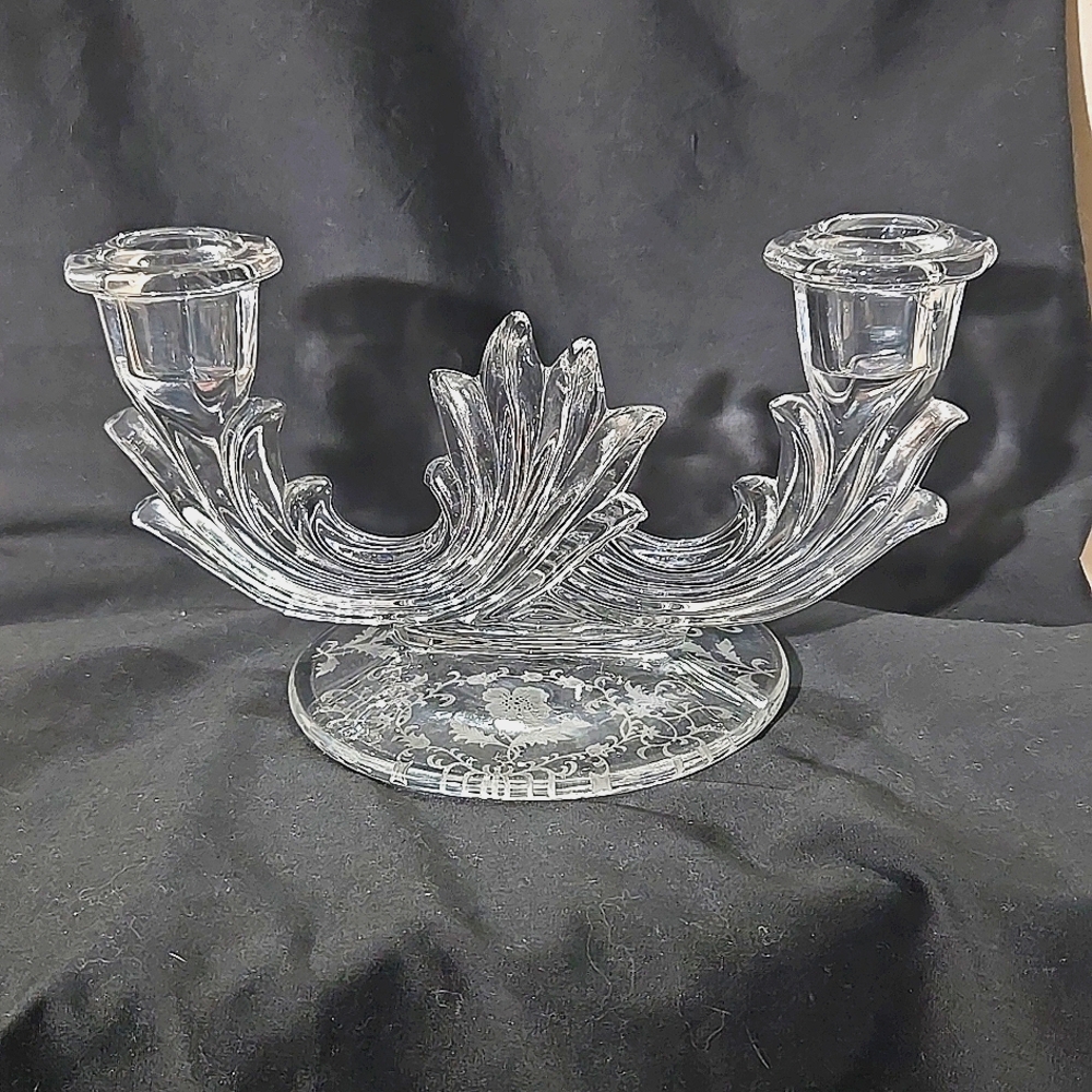 Fostoria Crystal Meadow Rose etched double candle 2-light baroque  candle holder